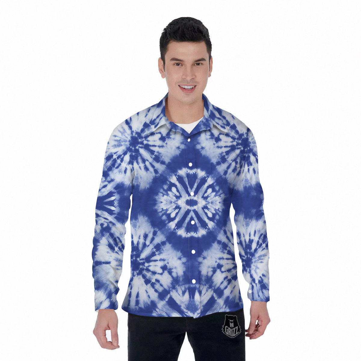 Shibori Blue Print Men's Long Sleeve Shirts-grizzshop