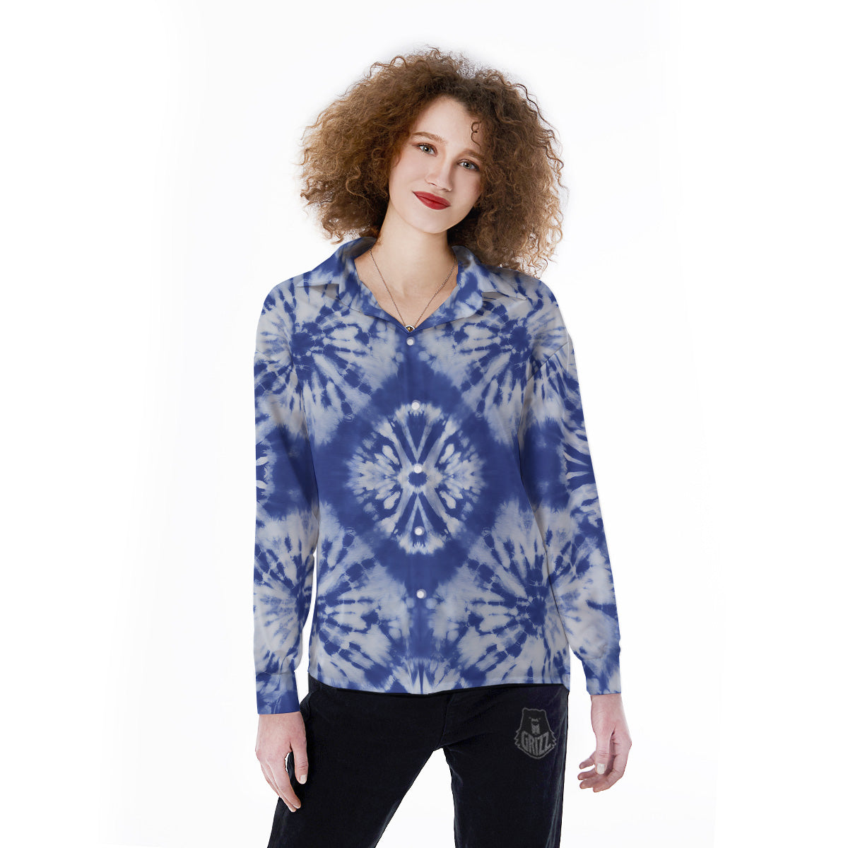 Shibori Blue Print Women's Long Sleeve Shirts-grizzshop