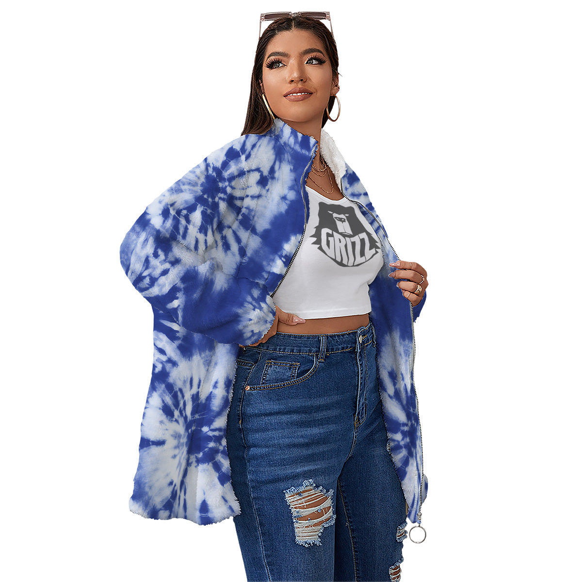 Shibori Blue Print Women's Sherpa Jacket-grizzshop