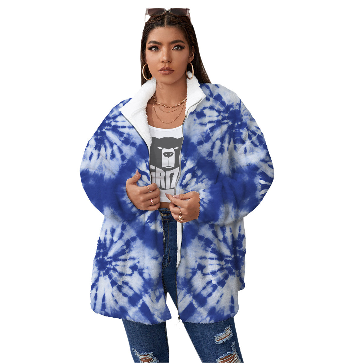 Shibori Blue Print Women's Sherpa Jacket-grizzshop