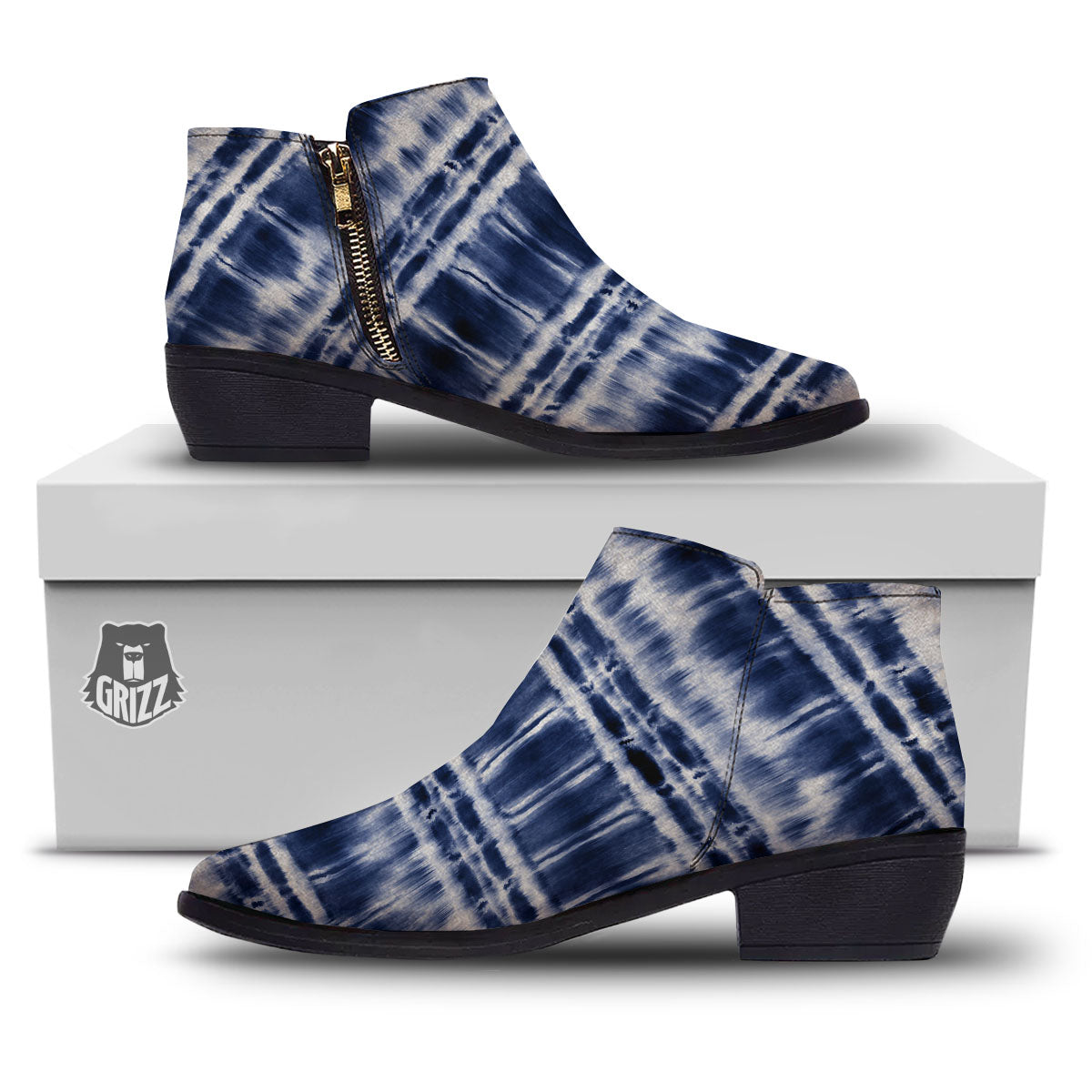 Shibori Indigo Dye Print Ankle Boots-grizzshop