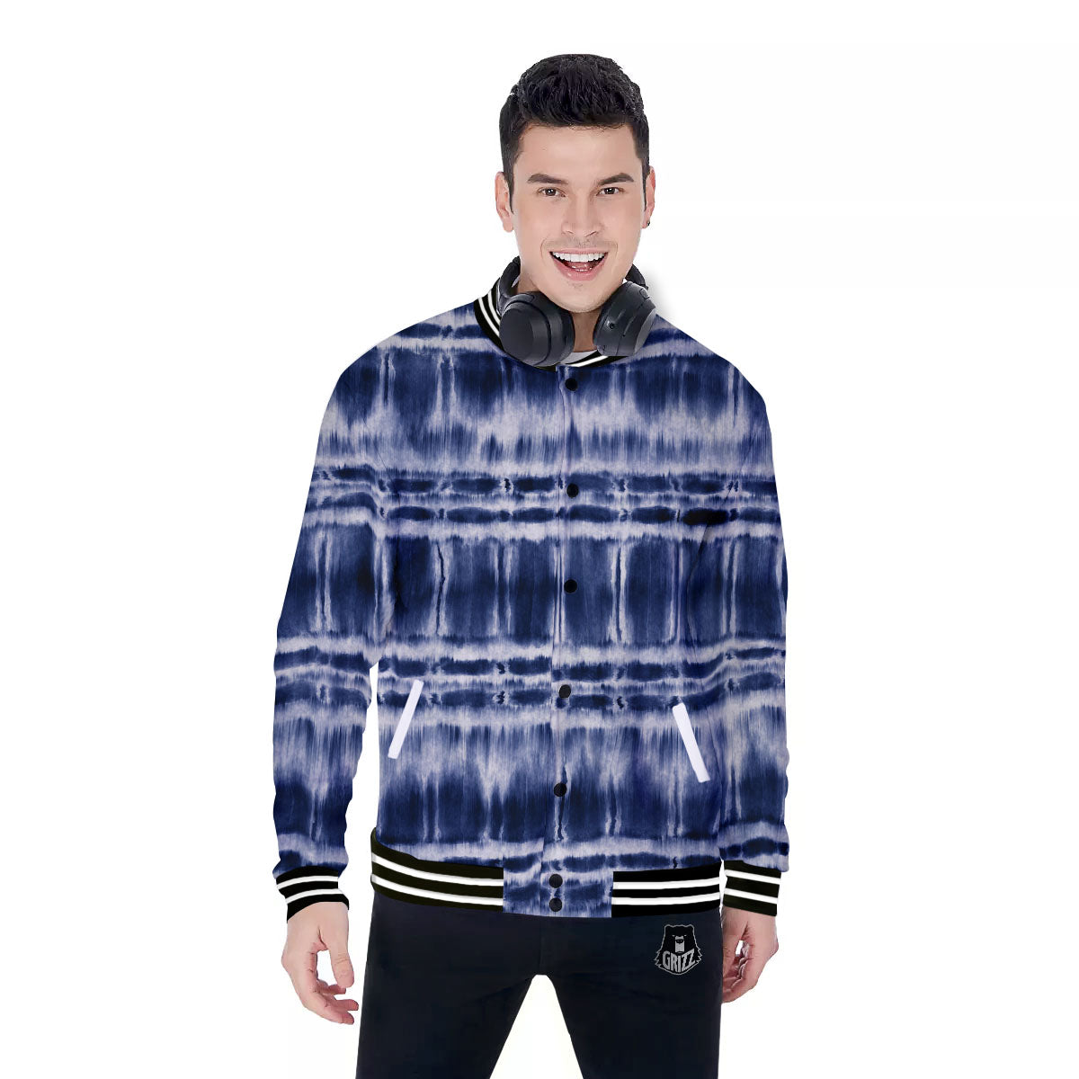 Shibori Indigo Dye Print Baseball Jacket-grizzshop
