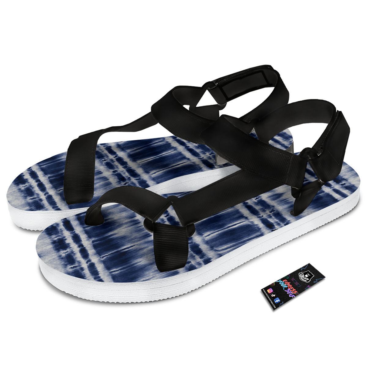 Shibori Indigo Dye Print Black Open Toe Sandals-grizzshop