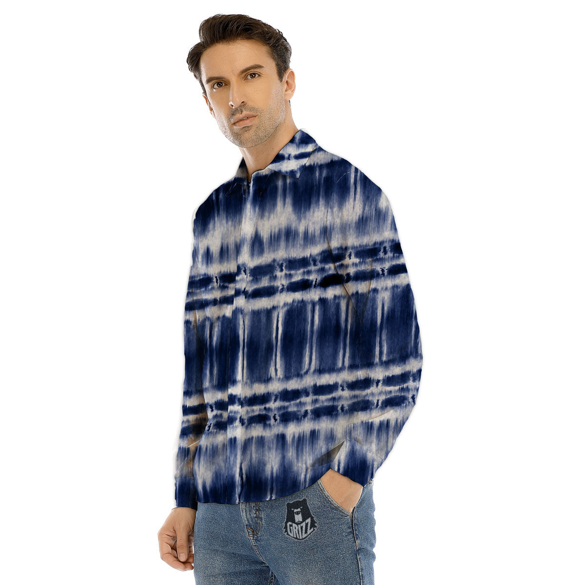 Shibori Indigo Dye Print Men's Dress Shirts-grizzshop