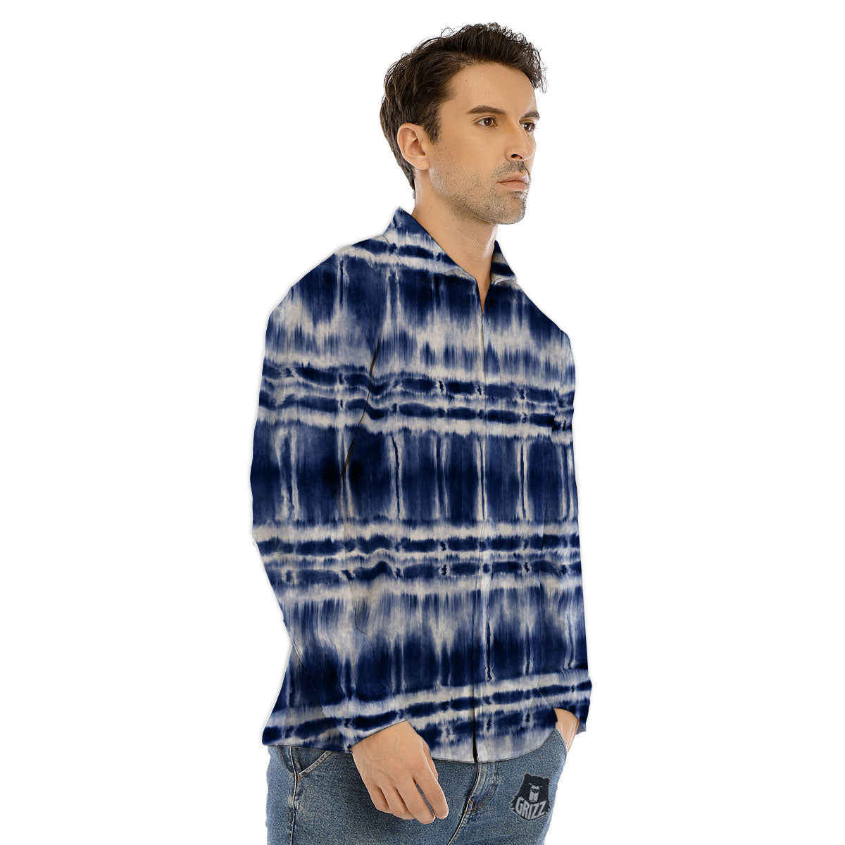 Shibori Indigo Dye Print Men's Dress Shirts-grizzshop