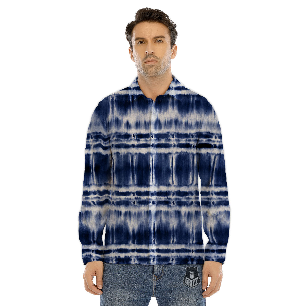 Shibori Indigo Dye Print Men's Dress Shirts-grizzshop