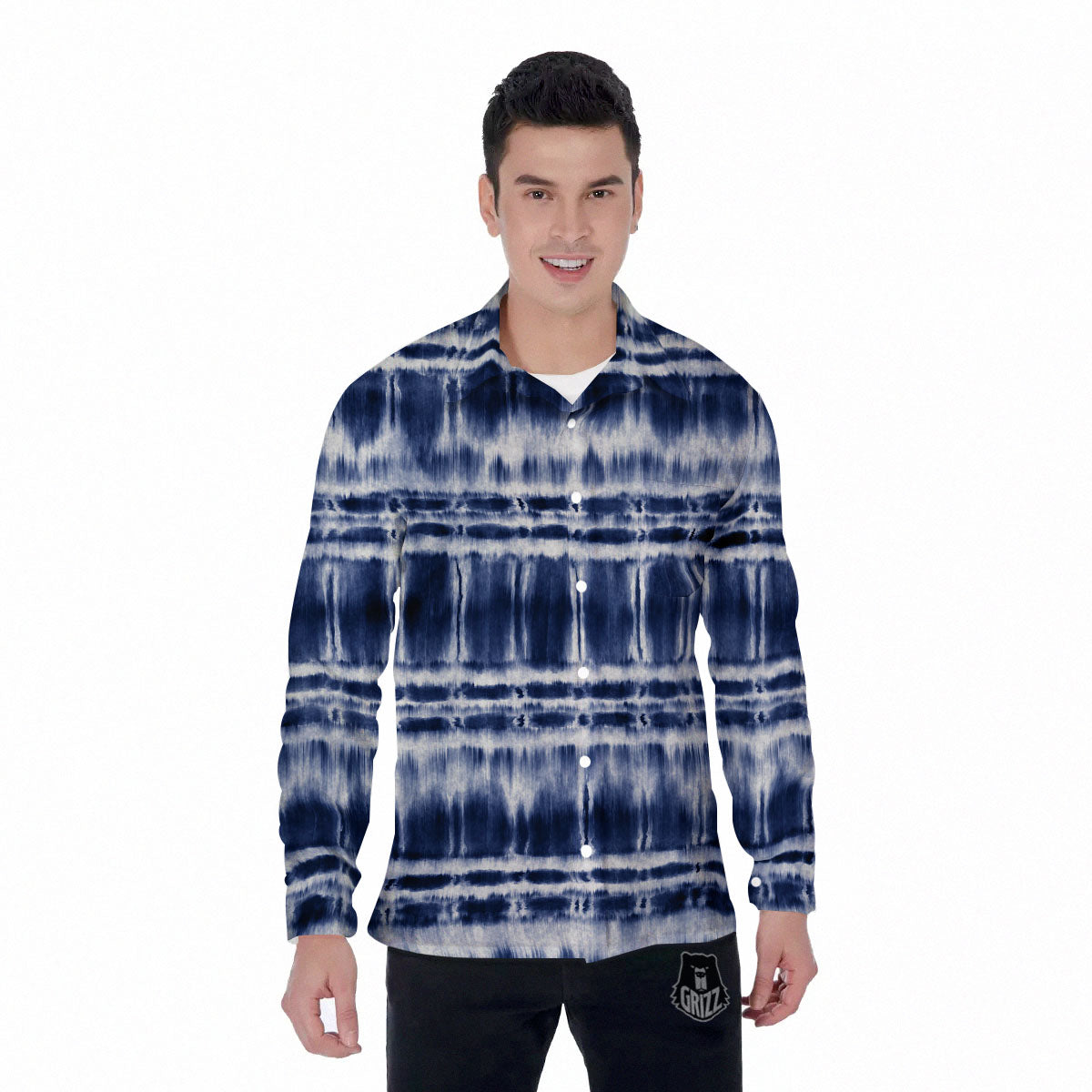 Shibori Indigo Dye Print Men's Long Sleeve Shirts-grizzshop