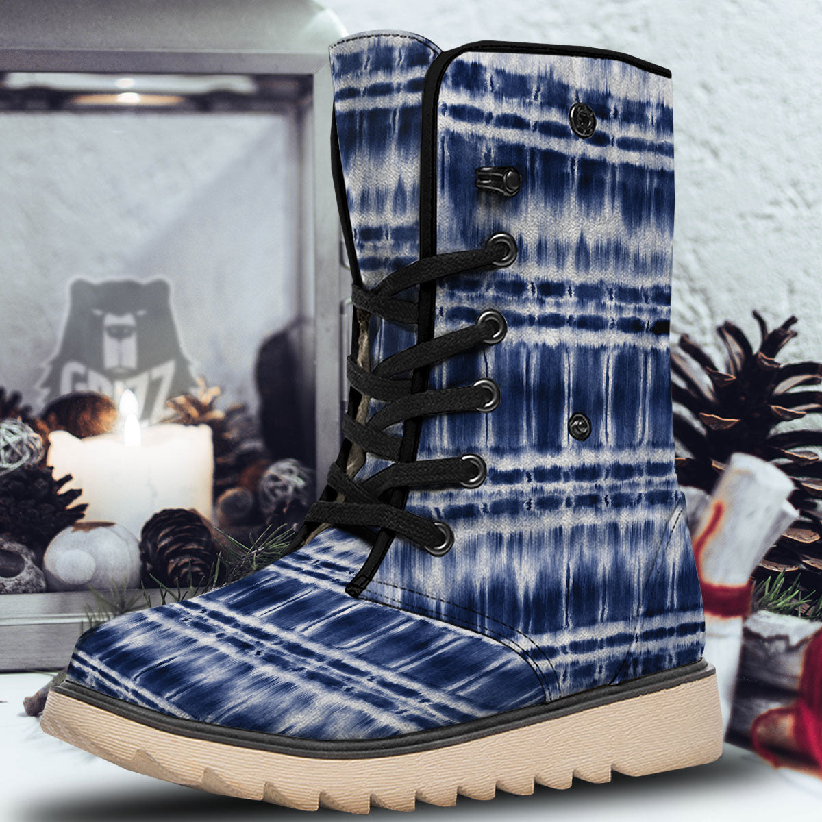 Shibori Indigo Dye Print Snow Boots-grizzshop