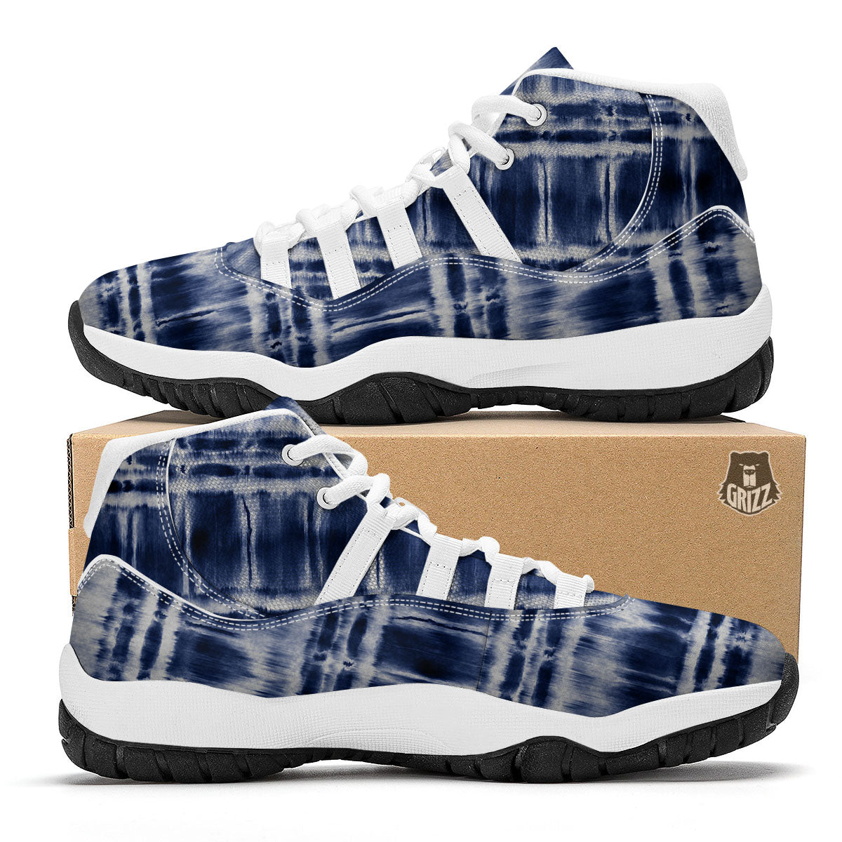 Shibori Indigo Dye Print White Bball Shoes-grizzshop