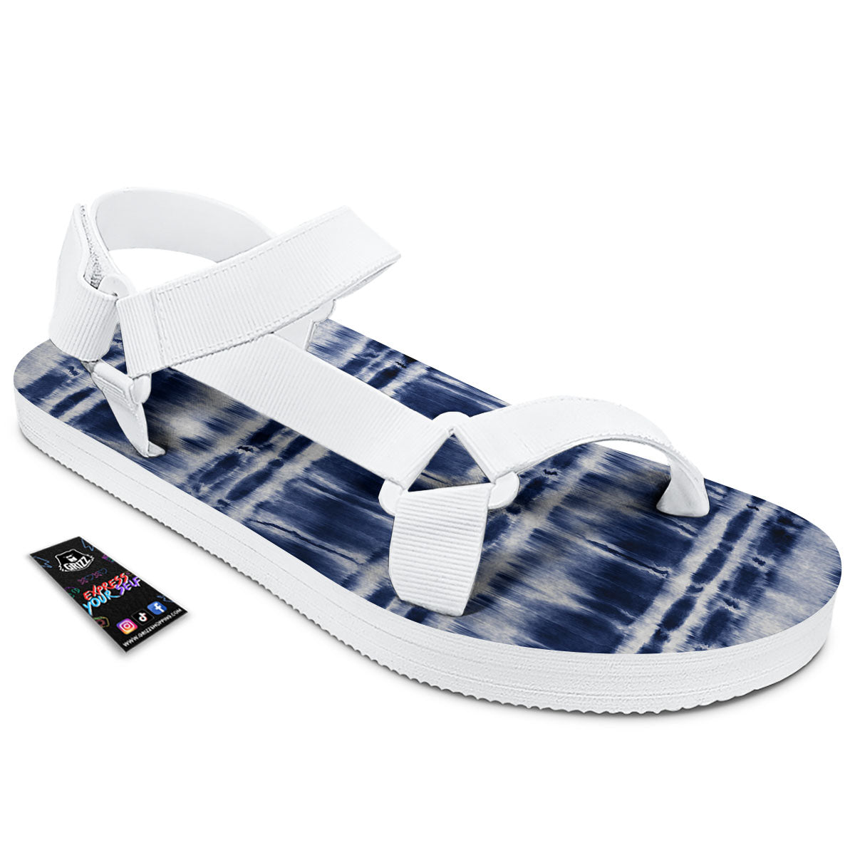 Shibori Indigo Dye Print White Open Toe Sandals-grizzshop