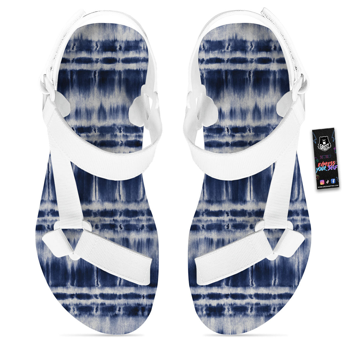 Shibori Indigo Dye Print White Open Toe Sandals-grizzshop
