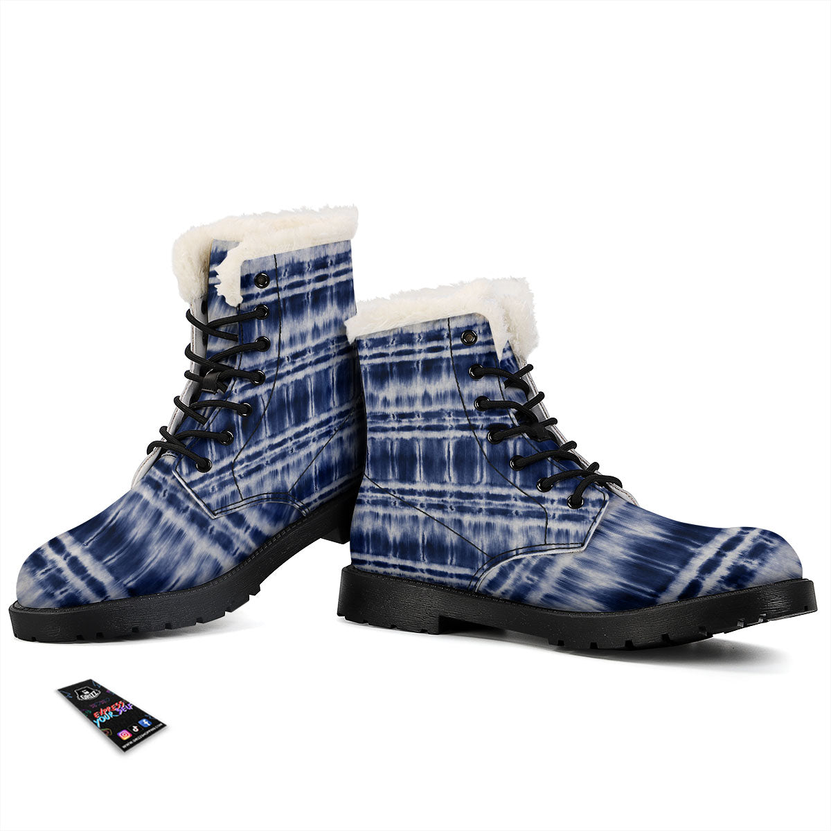 Shibori Indigo Dye Print Winter Boots-grizzshop