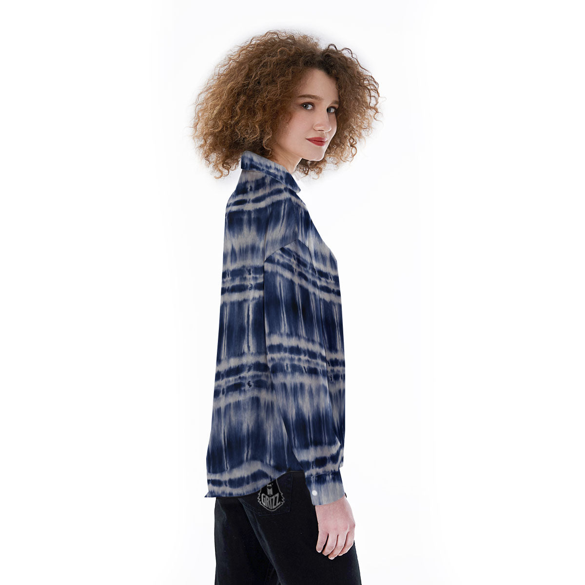 Shibori Indigo Dye Print Women's Long Sleeve Shirts-grizzshop