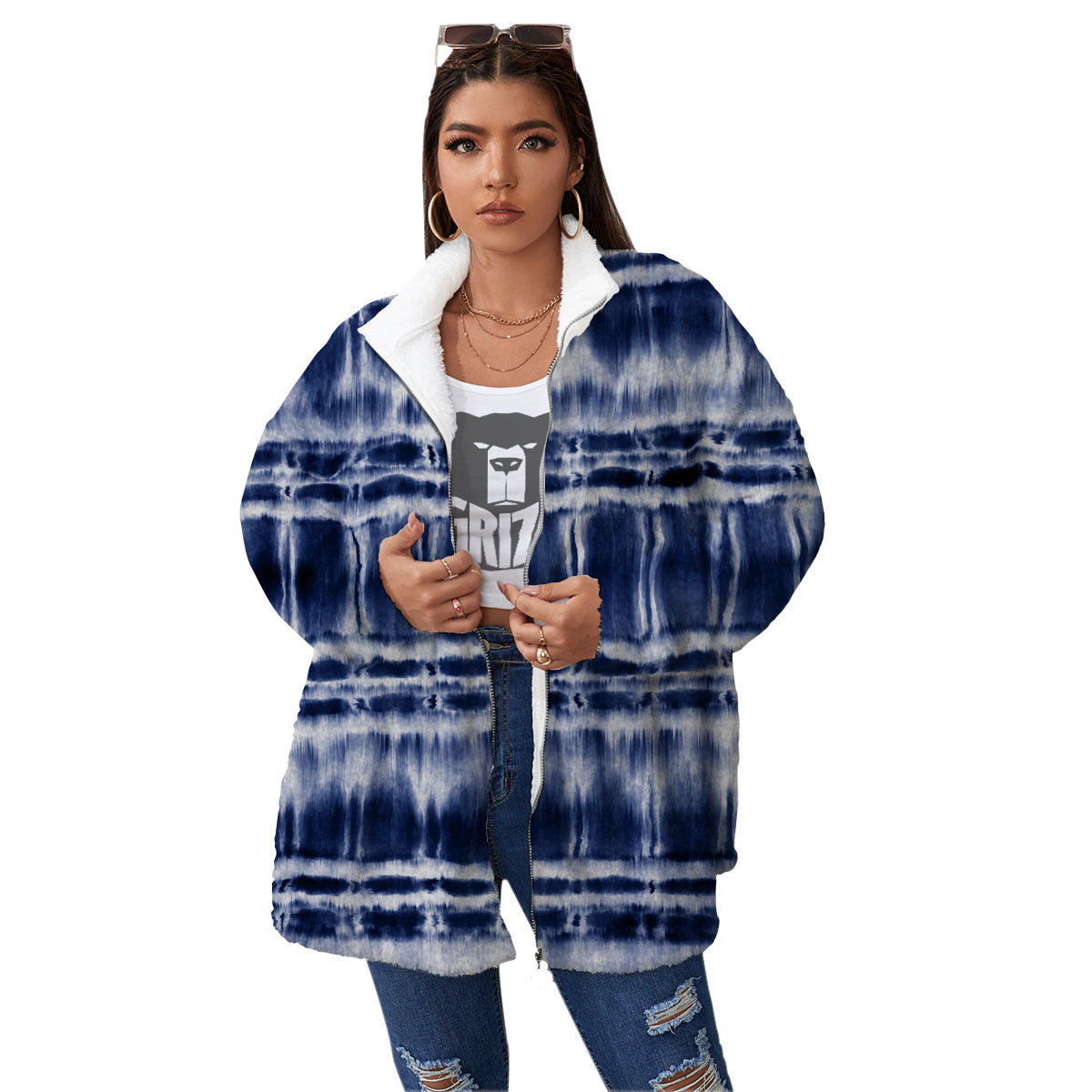 Shibori Indigo Dye Print Women's Sherpa Jacket-grizzshop