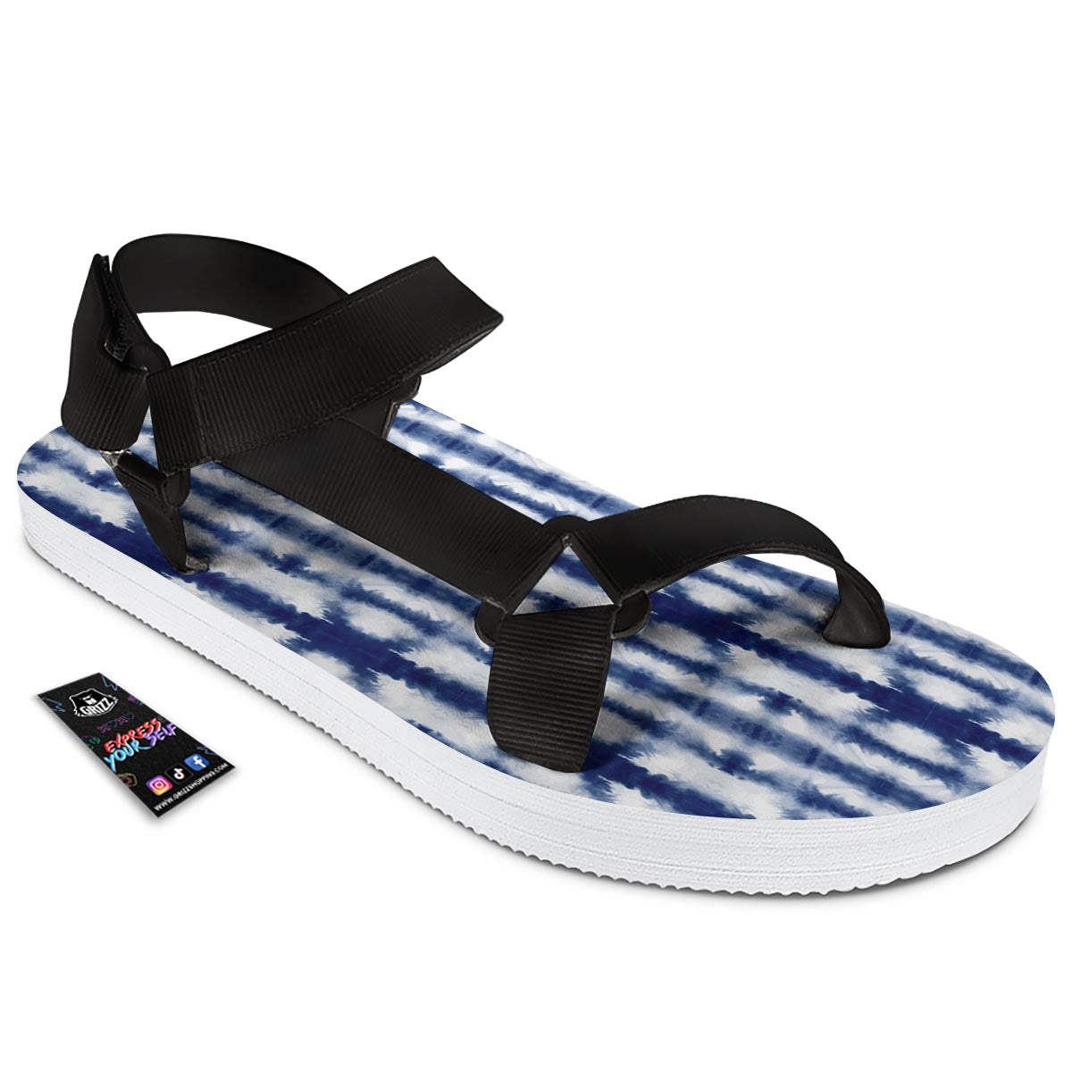Shibori Tie Dye Print Pattern Black Open Toe Sandals-grizzshop