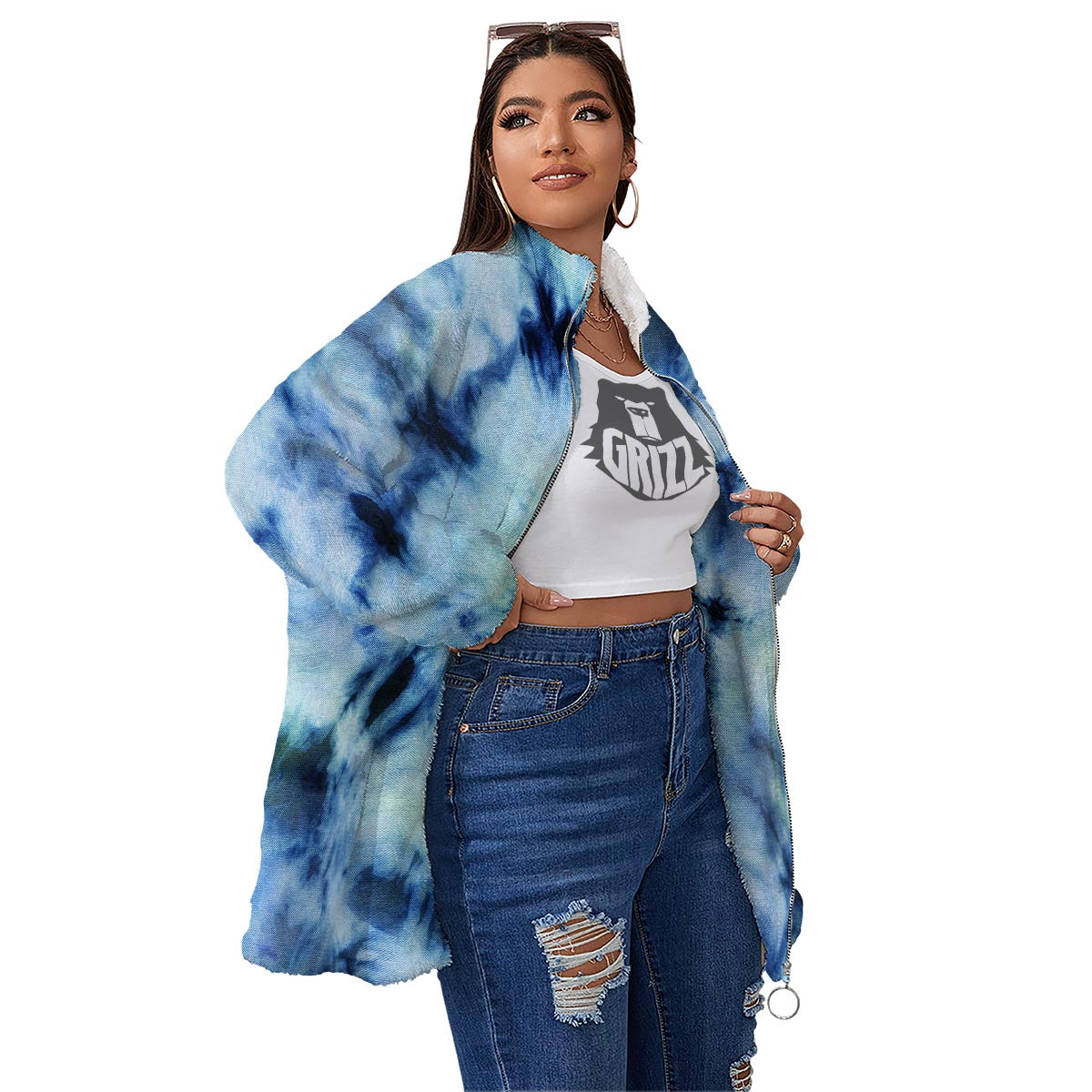 Shibori Tie Dye Print Women's Sherpa Jacket-grizzshop