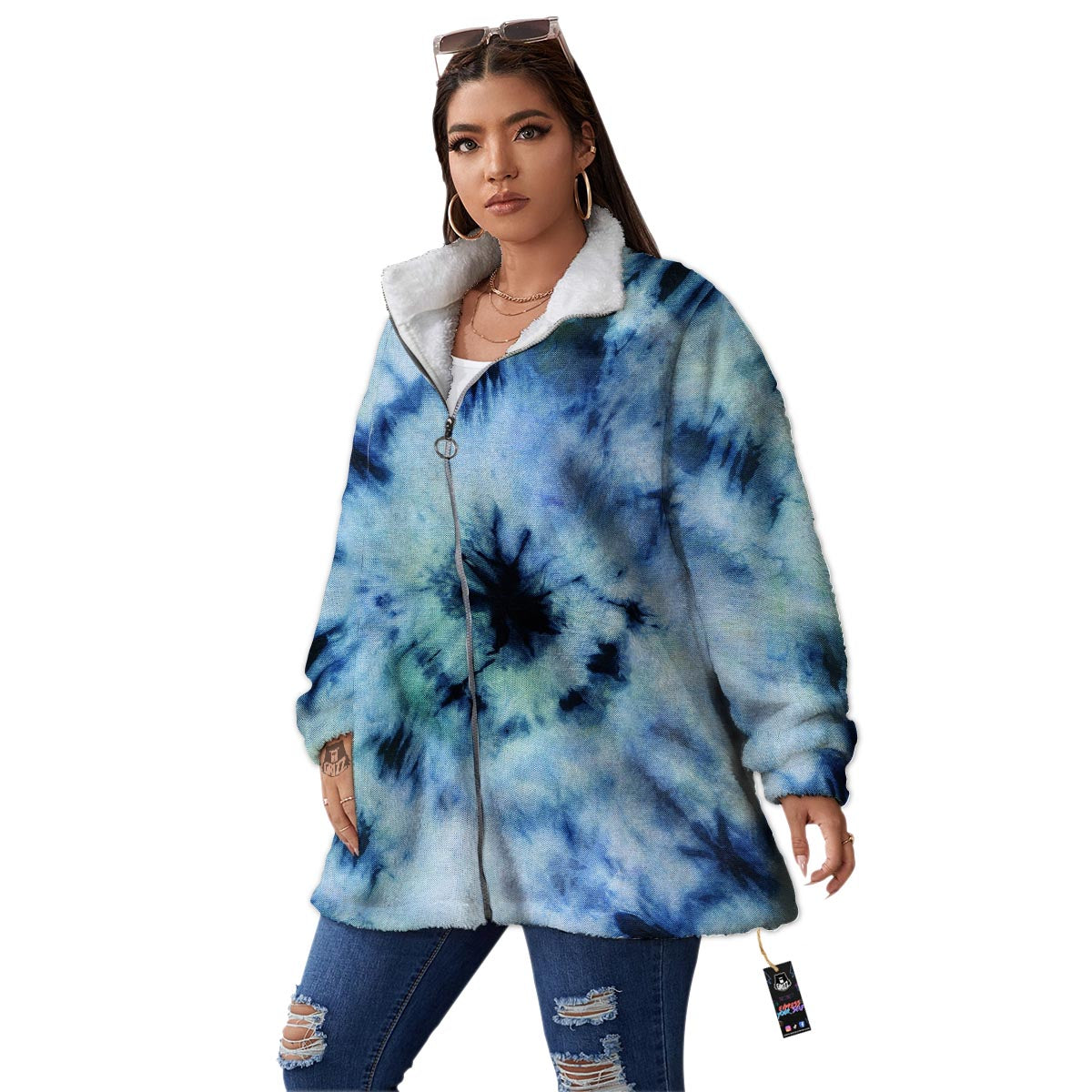 Shibori Tie Dye Print Women's Sherpa Jacket-grizzshop