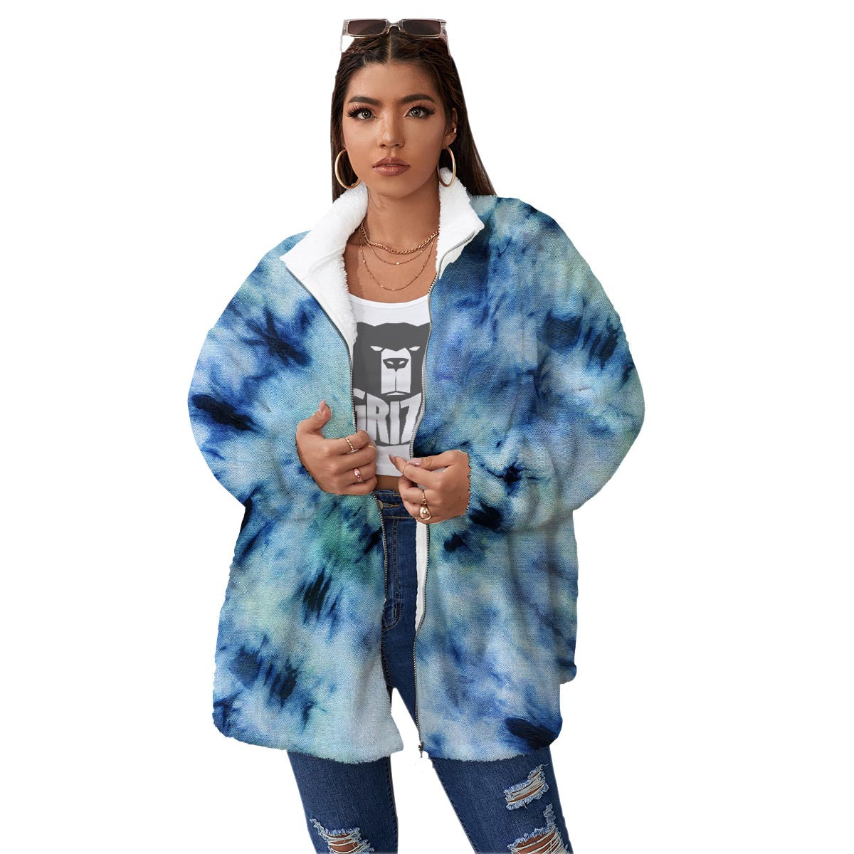 Shibori Tie Dye Print Women's Sherpa Jacket-grizzshop