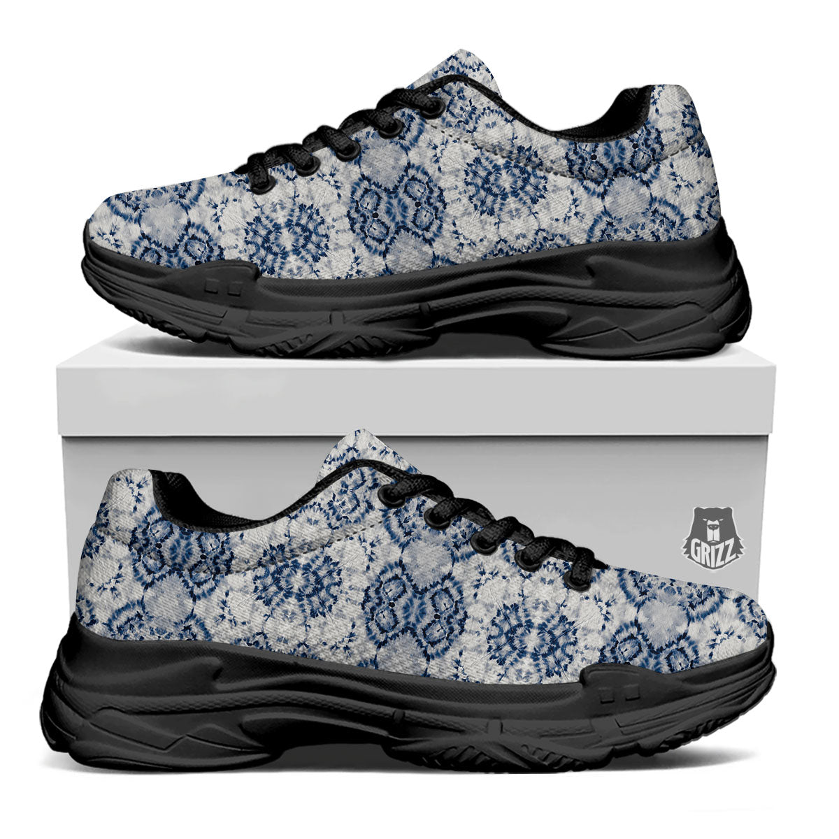 Shibori Watercolor Print Pattern Black Chunky Shoes-grizzshop