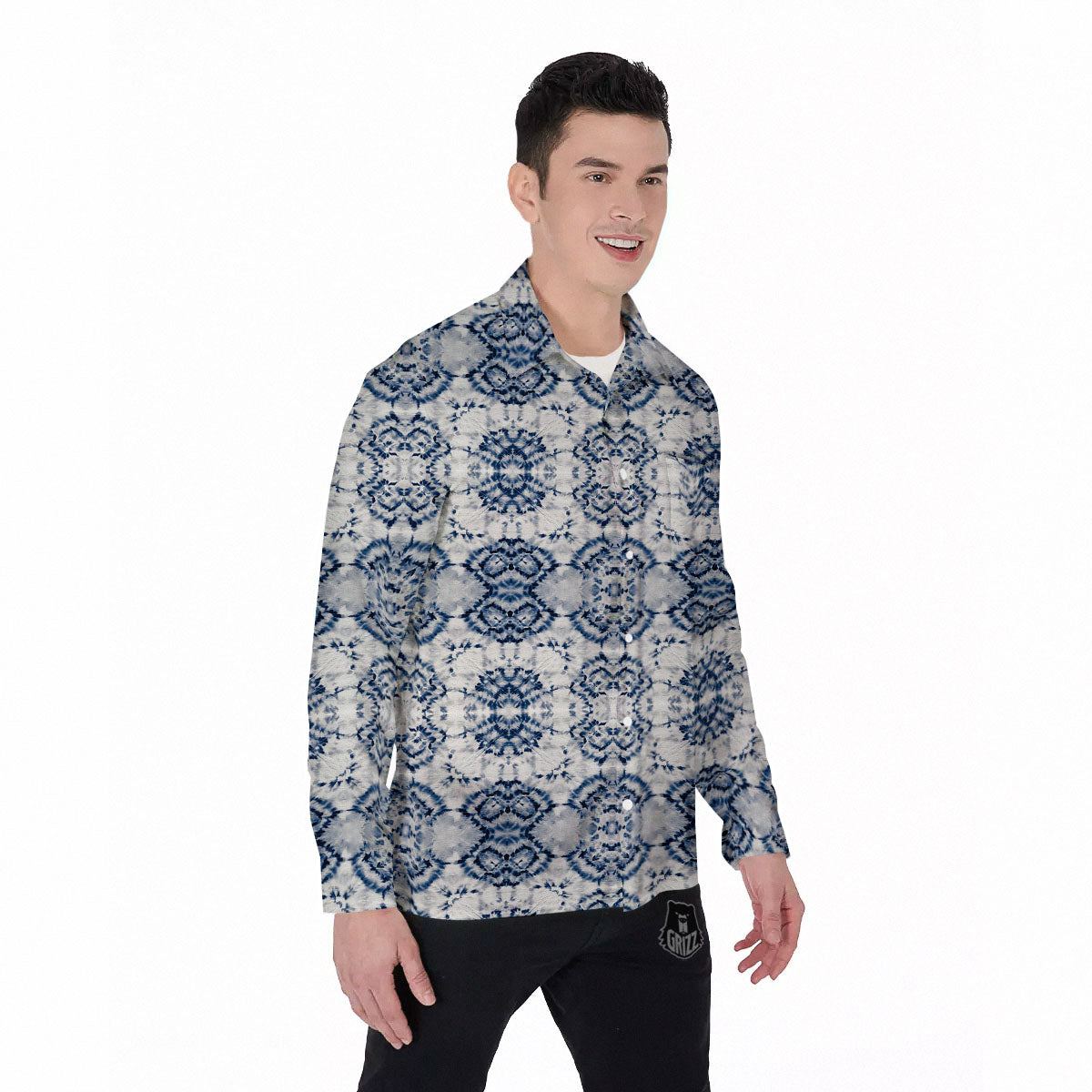 Shibori Watercolor Print Pattern Men's Long Sleeve Shirts-grizzshop