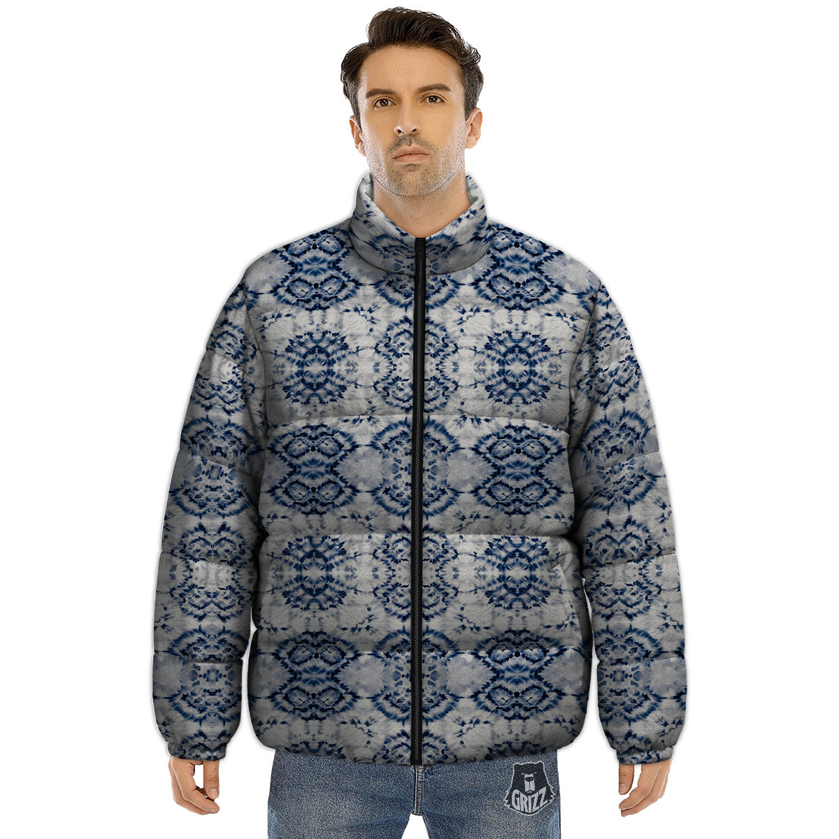 Shibori Watercolor Print Pattern Puffer Jacket-grizzshop