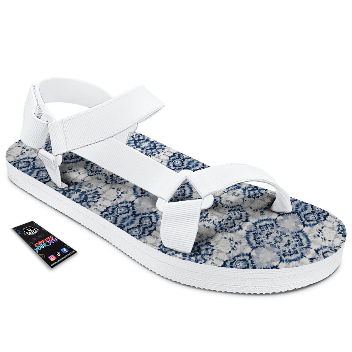 Shibori Watercolor Print Pattern White Open Toe Sandals-grizzshop