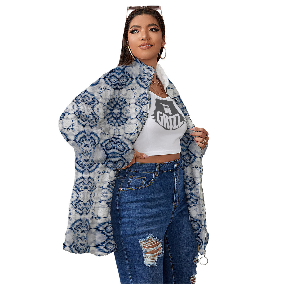 Shibori Watercolor Print Pattern Women's Sherpa Jacket-grizzshop