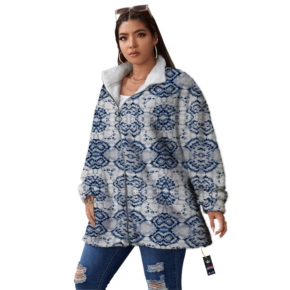 Shibori Watercolor Print Pattern Women's Sherpa Jacket-grizzshop