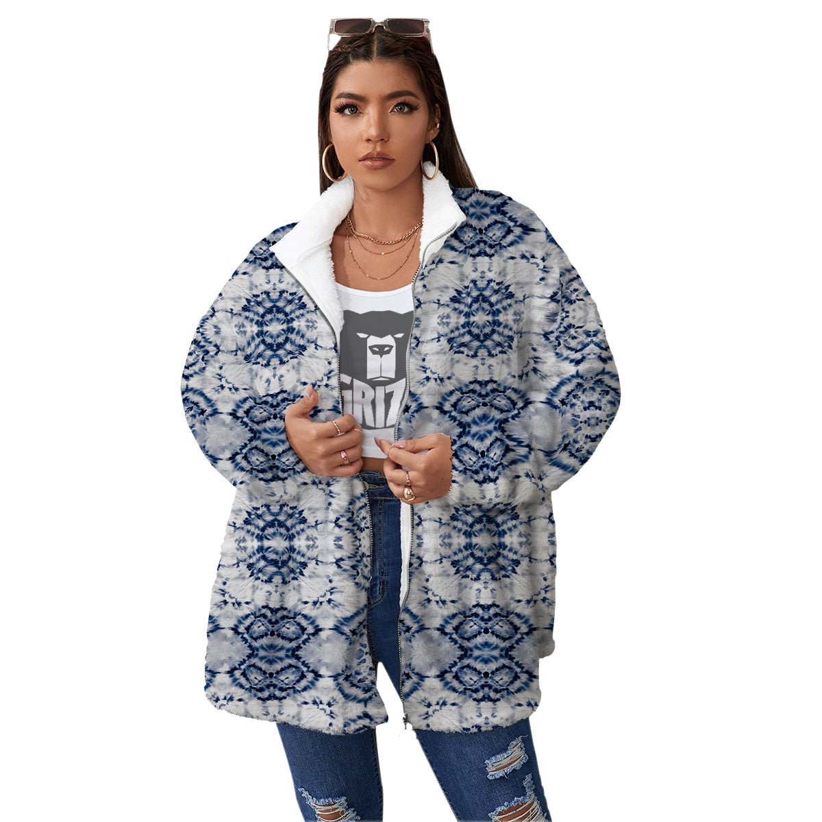 Shibori Watercolor Print Pattern Women's Sherpa Jacket-grizzshop