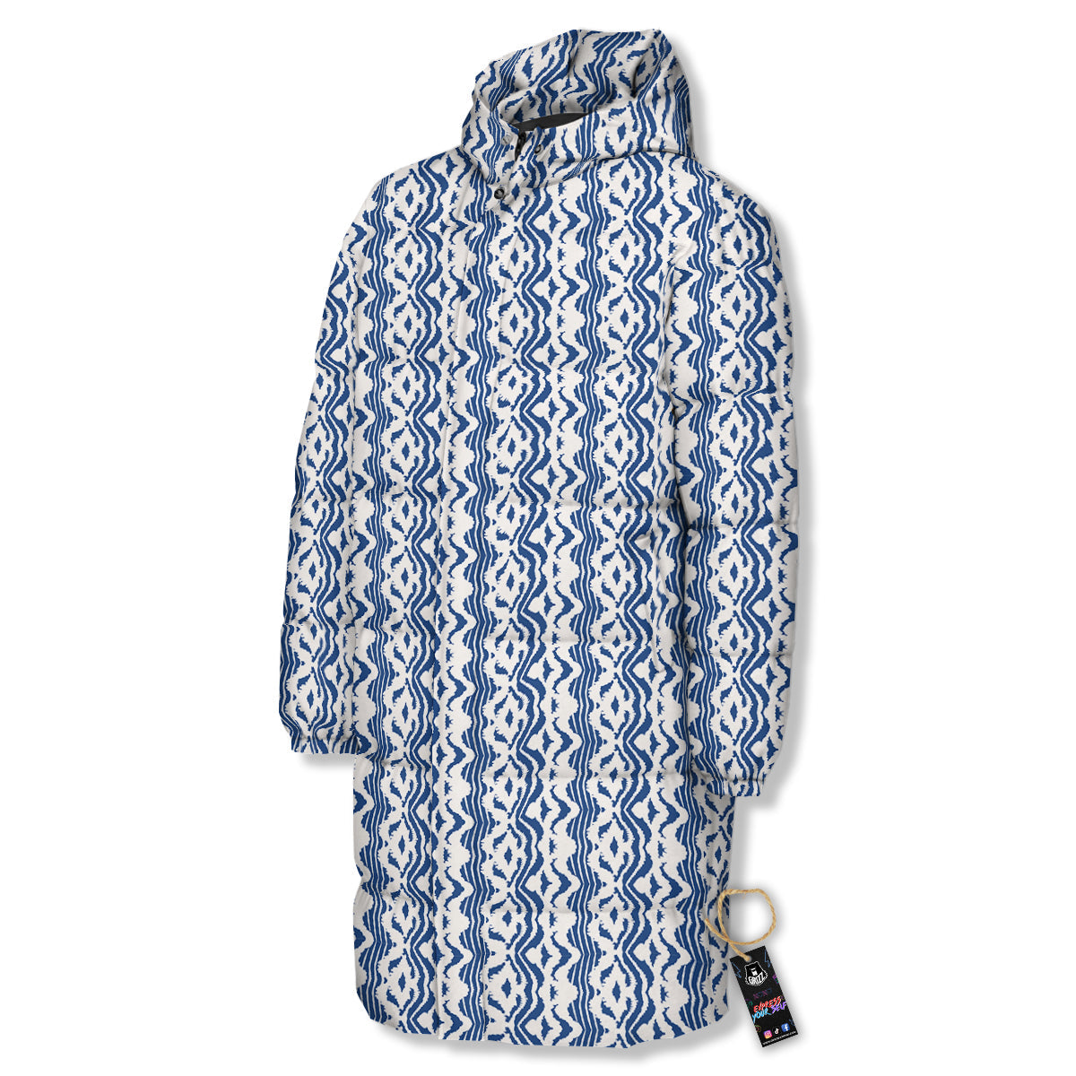 Shibori Wave Print Pattern Long Down Jacket-grizzshop