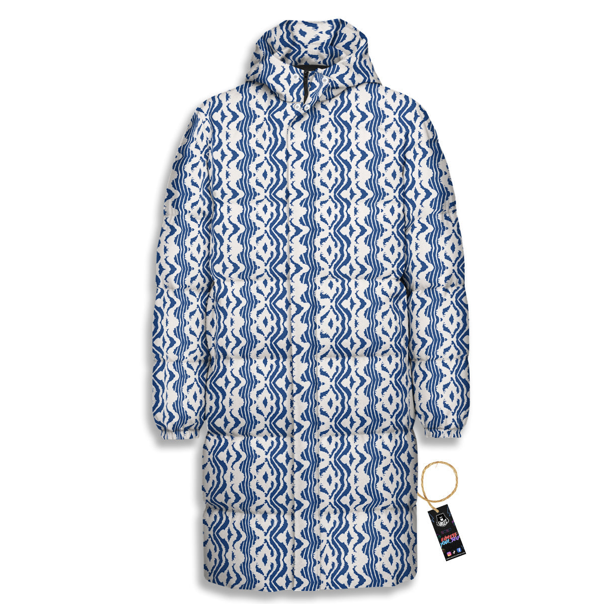 Shibori Wave Print Pattern Long Down Jacket-grizzshop