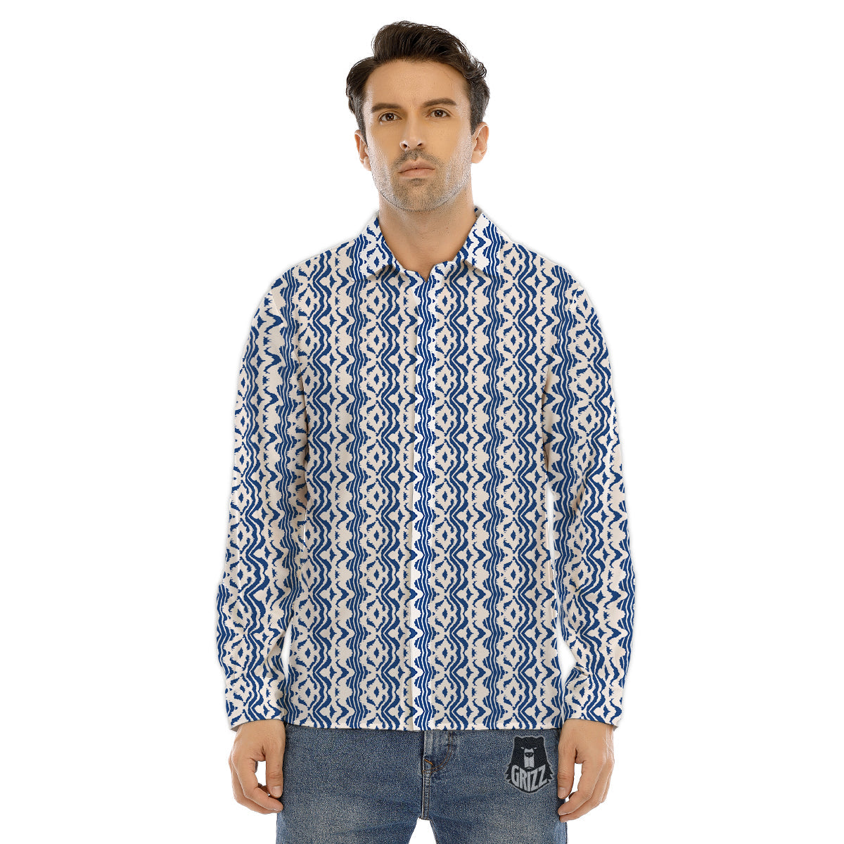 Shibori Wave Print Pattern Men's Dress Shirts-grizzshop