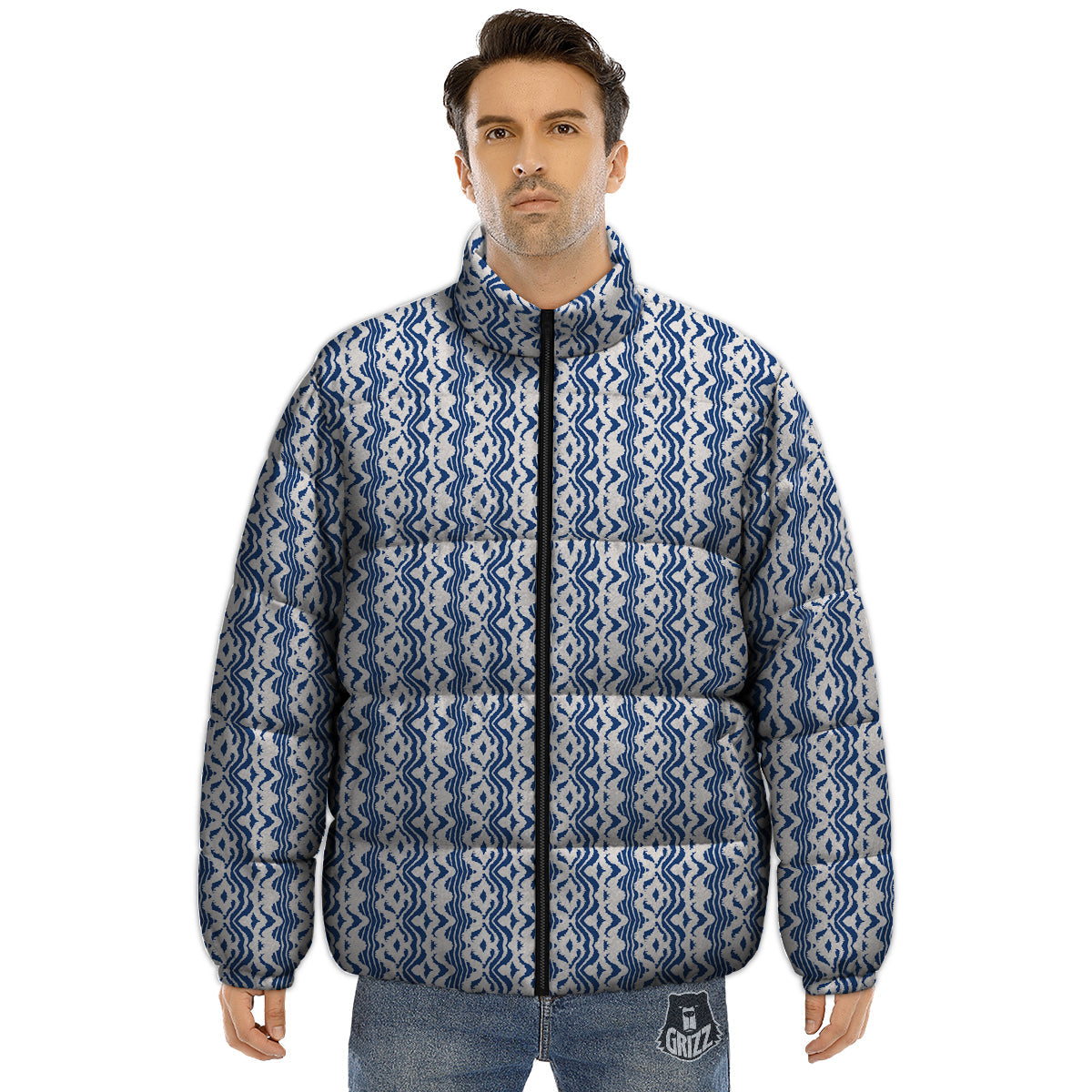 Shibori Wave Print Pattern Puffer Jacket-grizzshop
