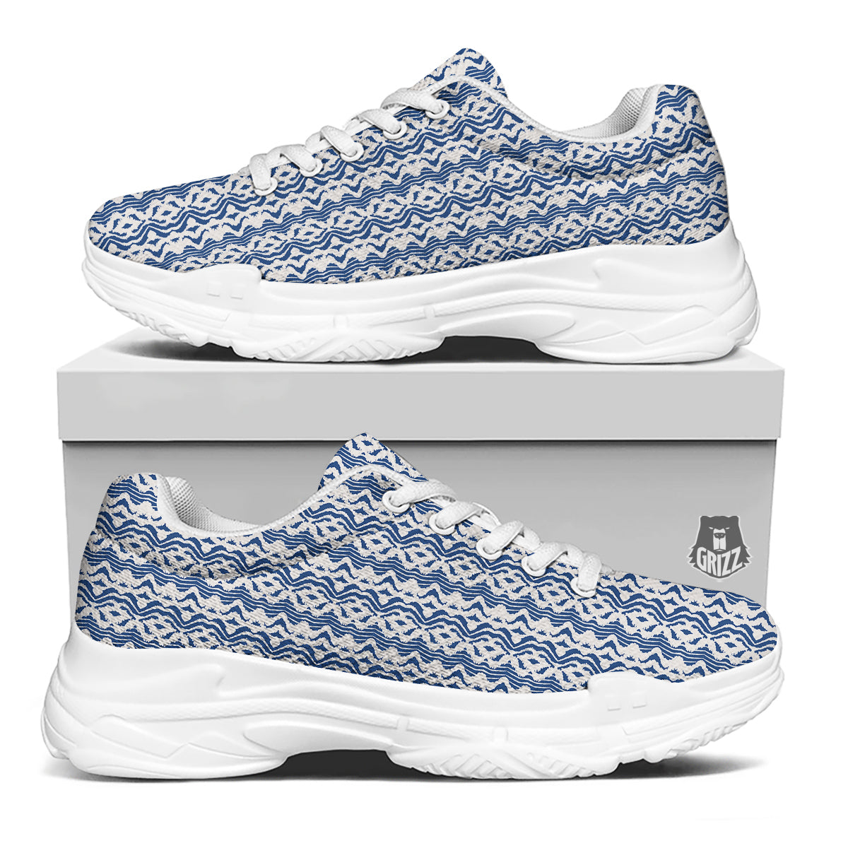 Shibori Wave Print Pattern White Chunky Shoes-grizzshop
