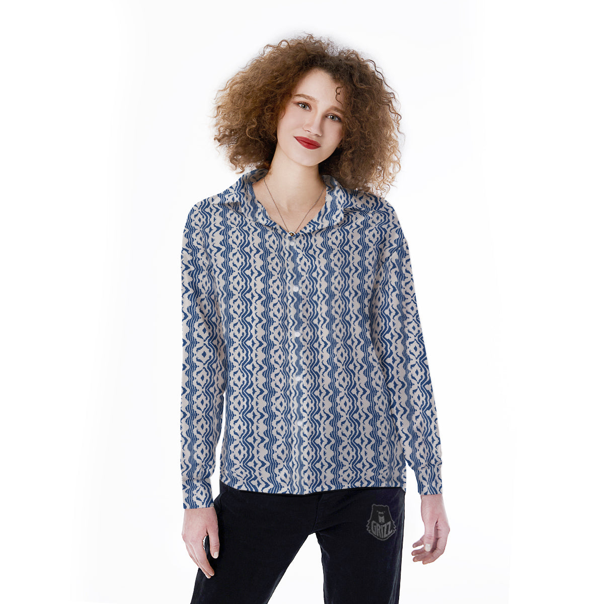 Shibori Wave Print Pattern Women's Long Sleeve Shirts-grizzshop