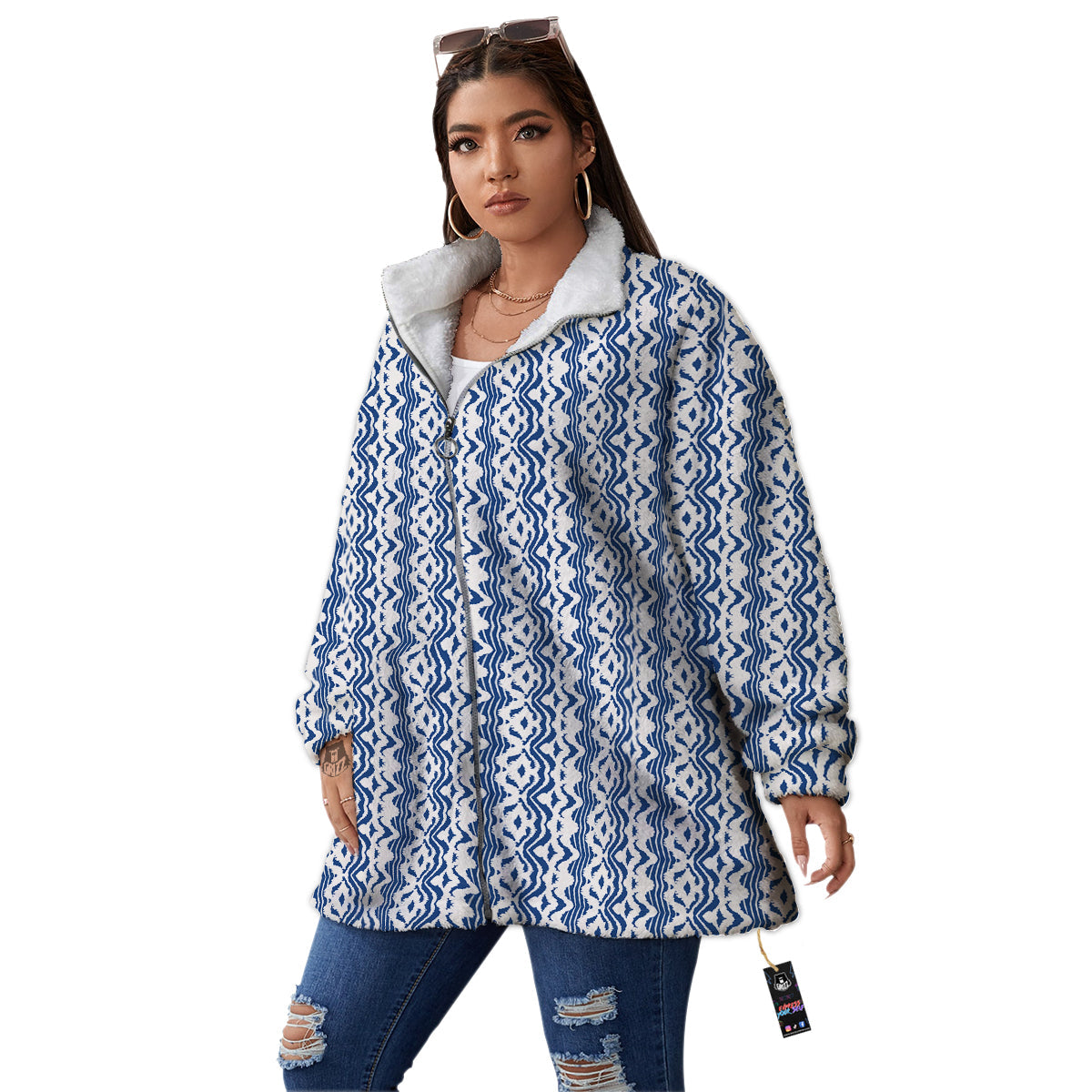 Shibori Wave Print Pattern Women's Sherpa Jacket-grizzshop