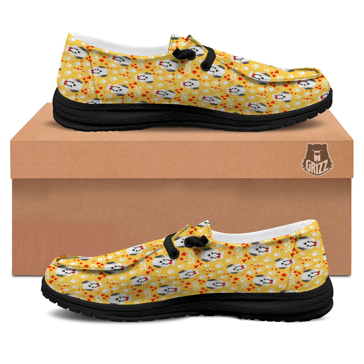 Shih Tzu Cartoon Print Pattern Black Loafers-grizzshop