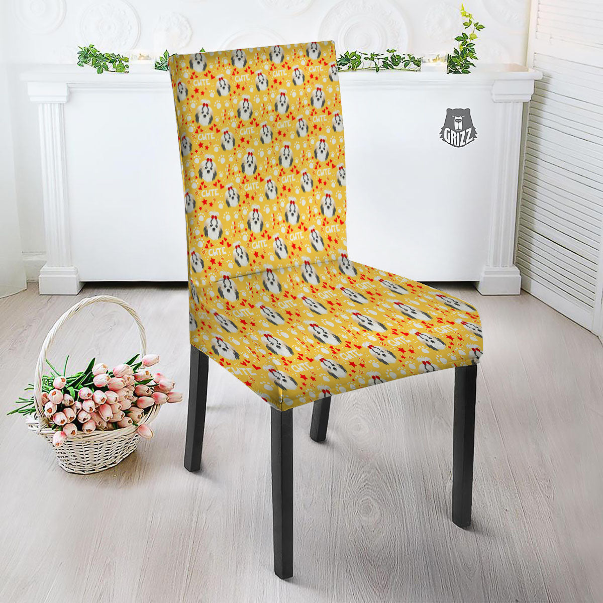 Shih Tzu Cartoon Print Pattern Dining Chair Slipcover-grizzshop