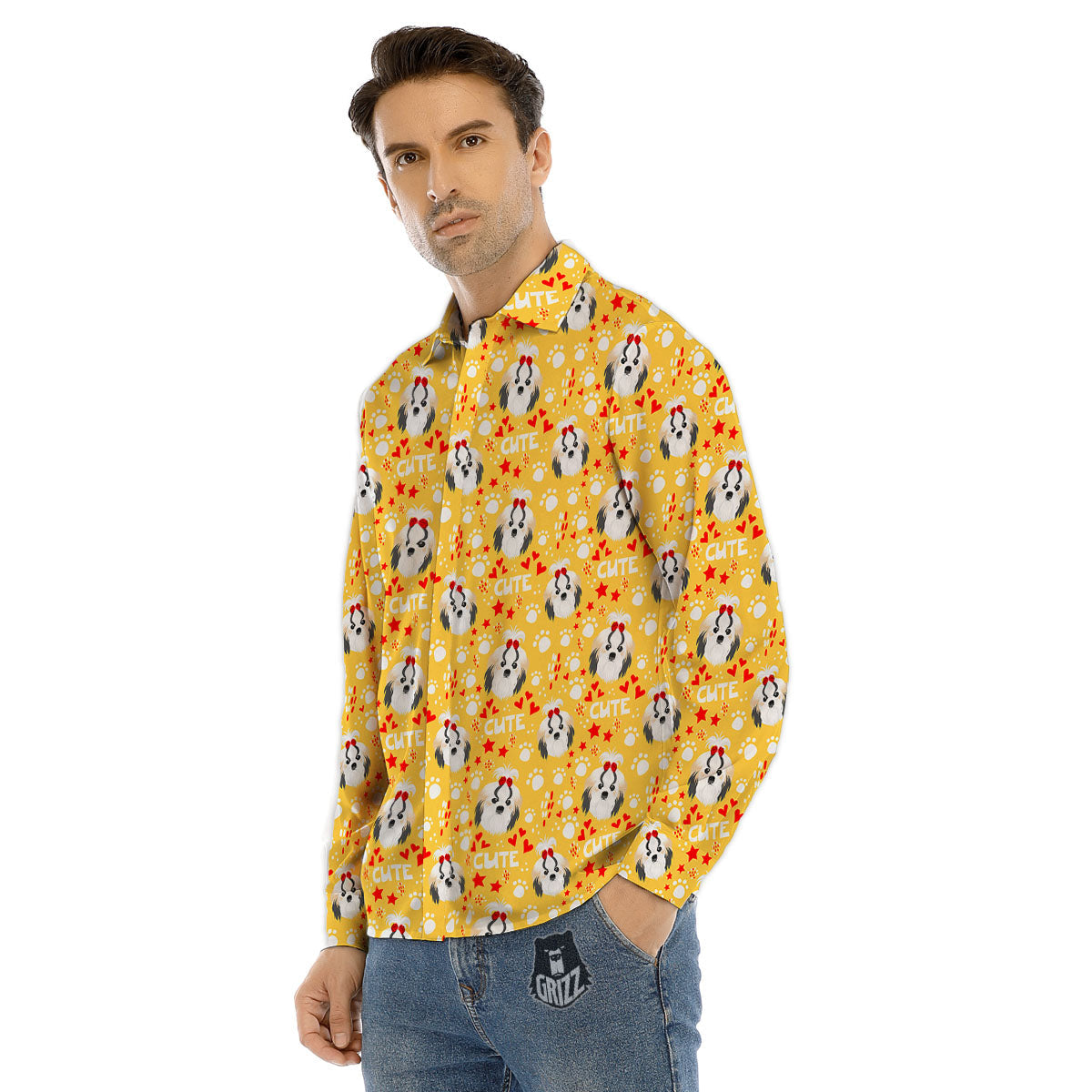 Shih Tzu Cartoon Print Pattern Men's Dress Shirts-grizzshop
