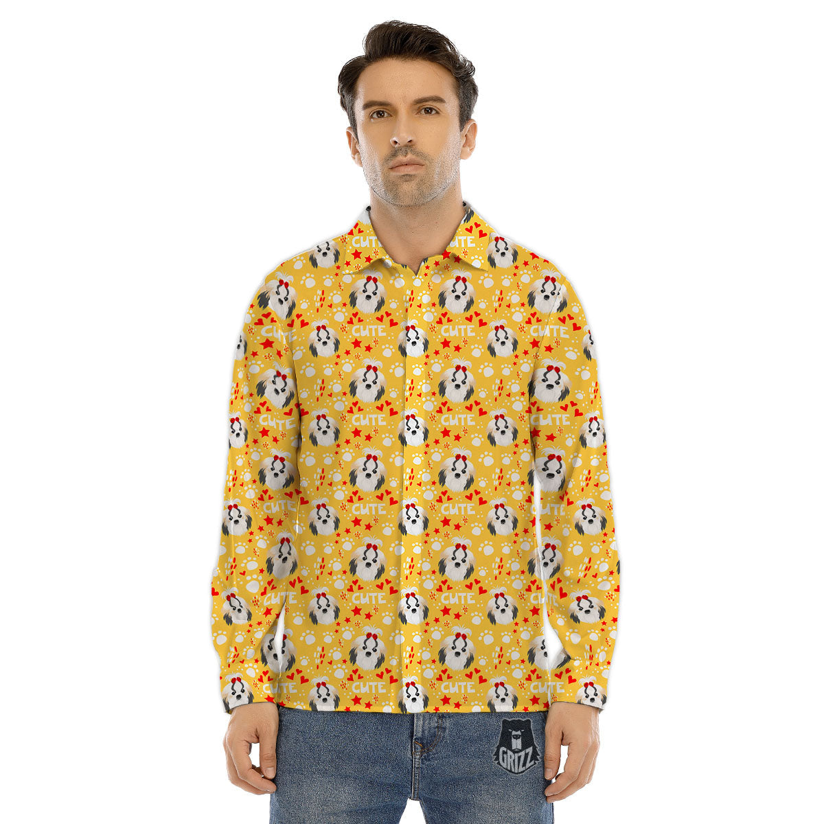 Shih Tzu Cartoon Print Pattern Men's Dress Shirts-grizzshop