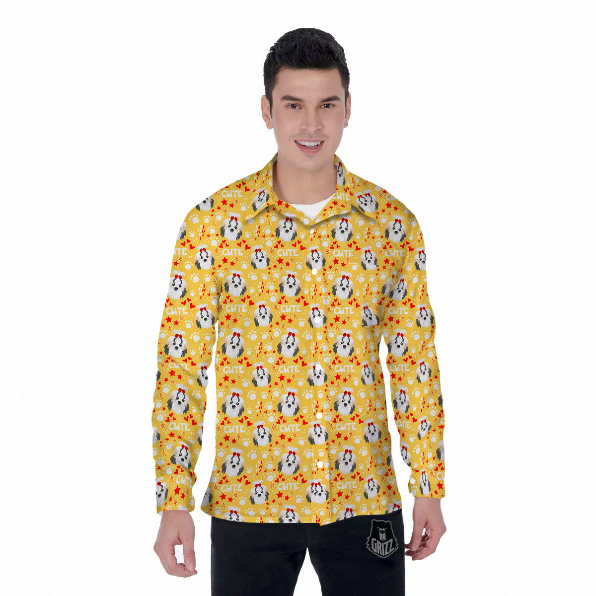 Shih Tzu Cartoon Print Pattern Men's Long Sleeve Shirts-grizzshop