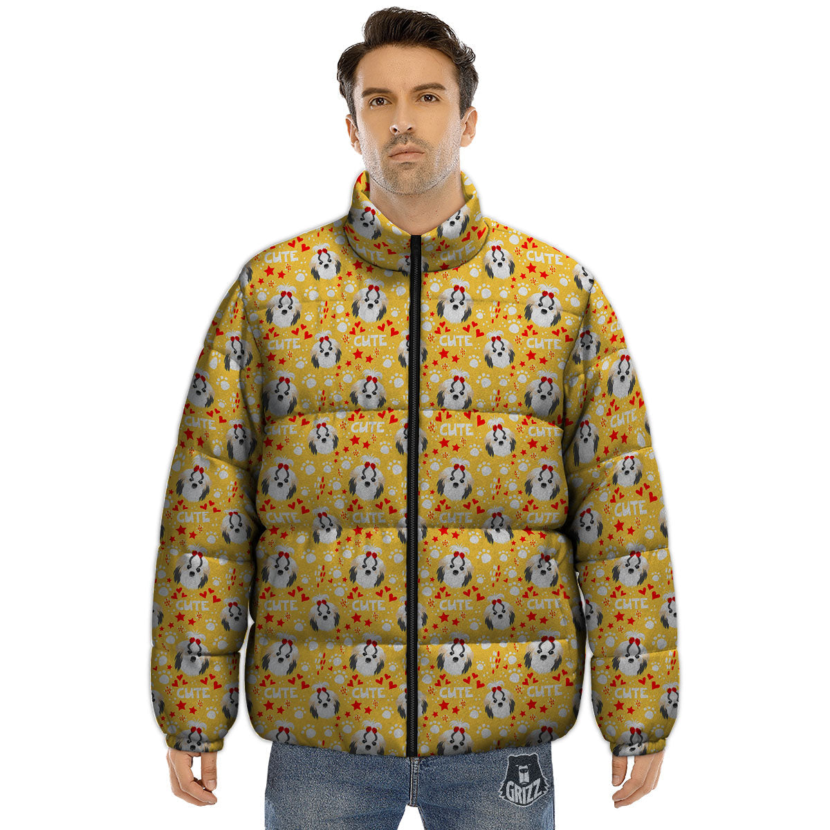 Shih Tzu Cartoon Print Pattern Puffer Jacket-grizzshop