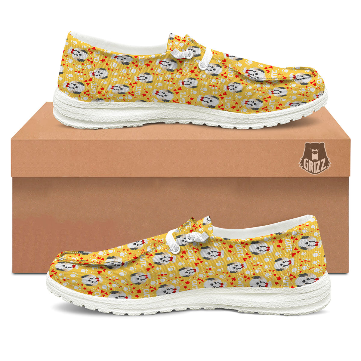 Shih Tzu Cartoon Print Pattern White Loafers-grizzshop