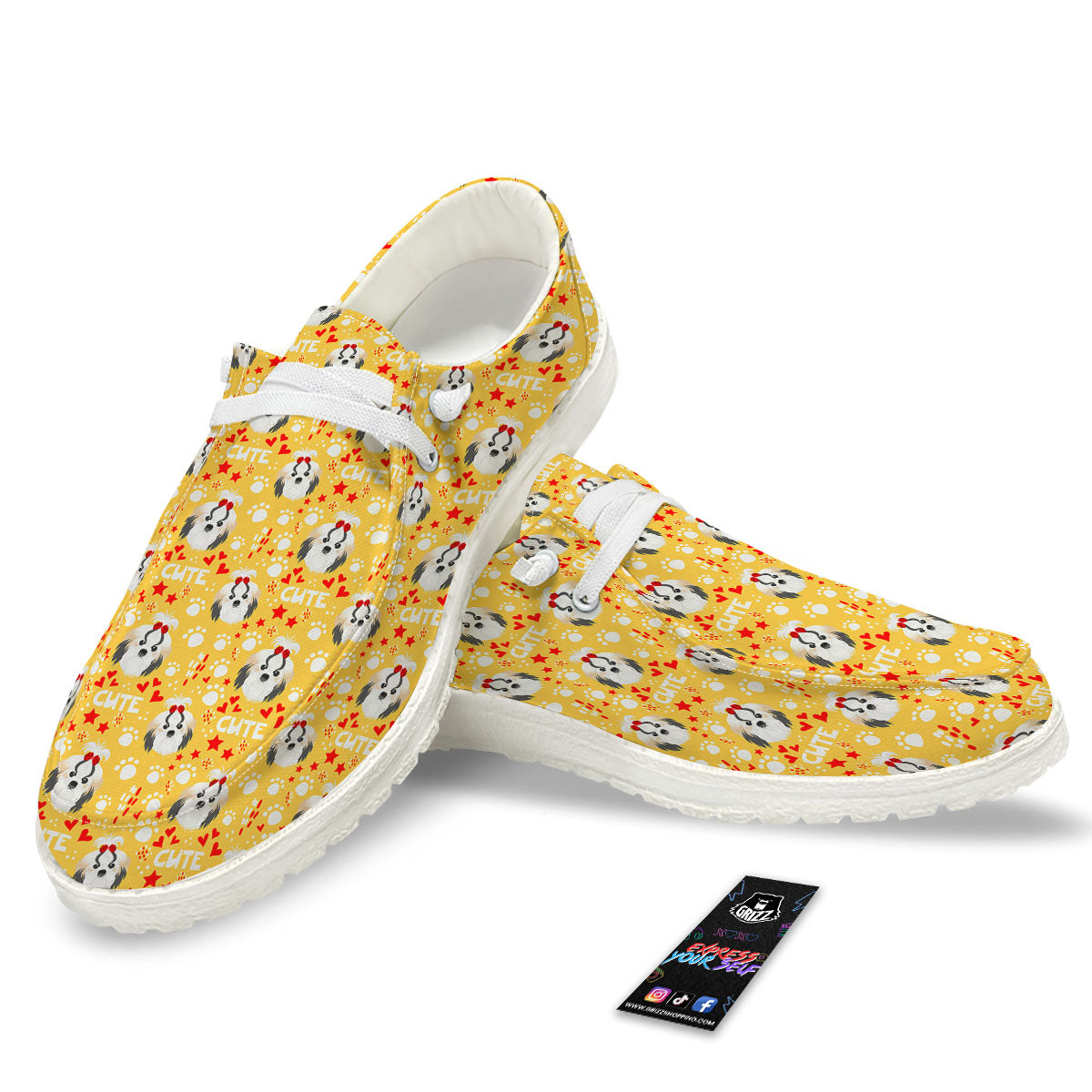 Shih Tzu Cartoon Print Pattern White Loafers-grizzshop