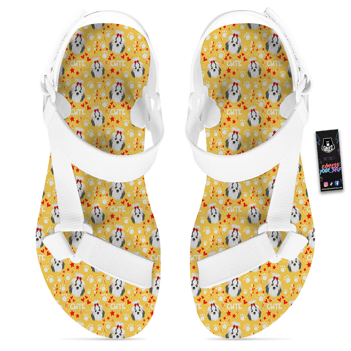 Shih Tzu Cartoon Print Pattern White Open Toe Sandals-grizzshop