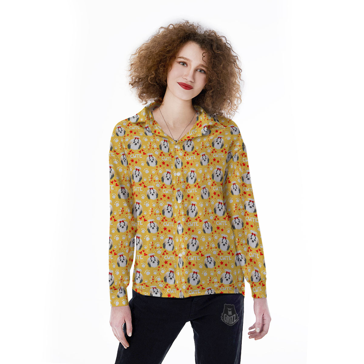 Shih Tzu Cartoon Print Pattern Women's Long Sleeve Shirts-grizzshop