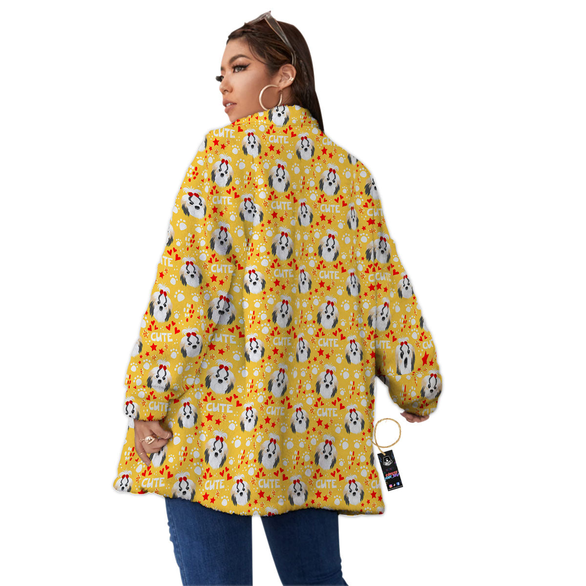 Shih Tzu Cartoon Print Pattern Women's Sherpa Jacket-grizzshop