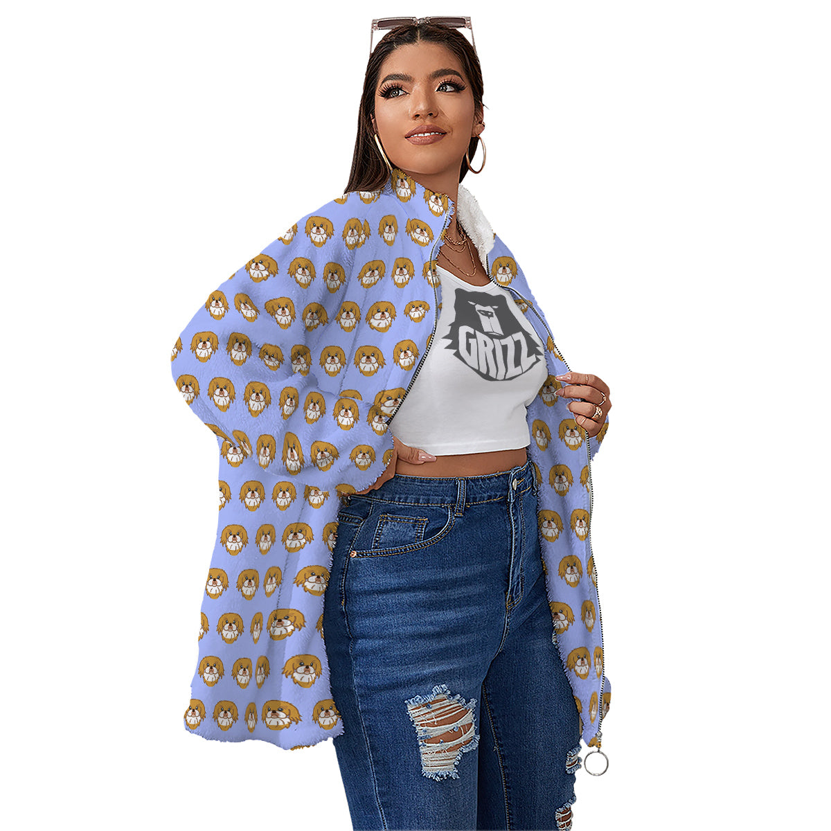 Shih Tzu Cute Print Pattern Women's Sherpa Jacket-grizzshop
