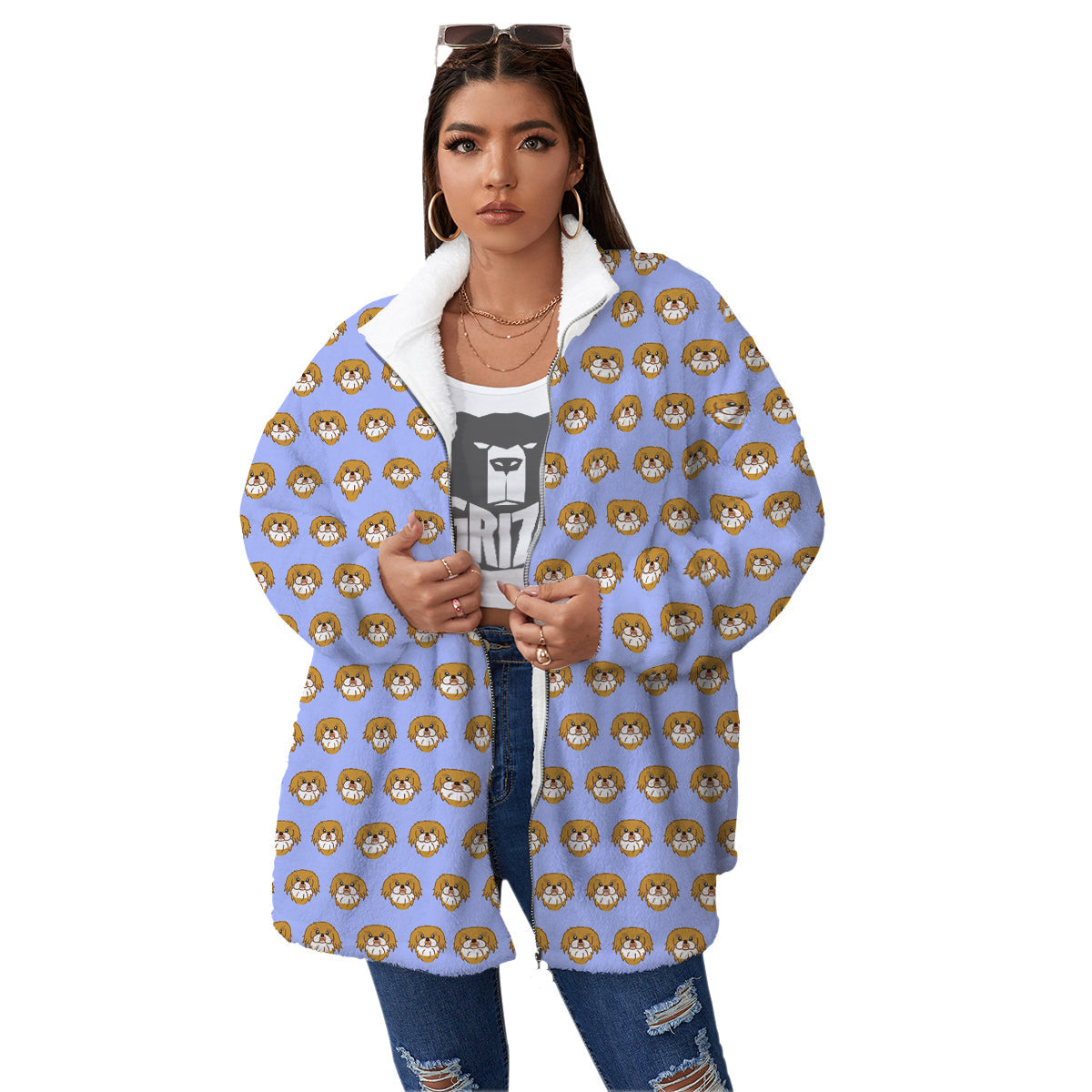 Shih Tzu Cute Print Pattern Women's Sherpa Jacket-grizzshop