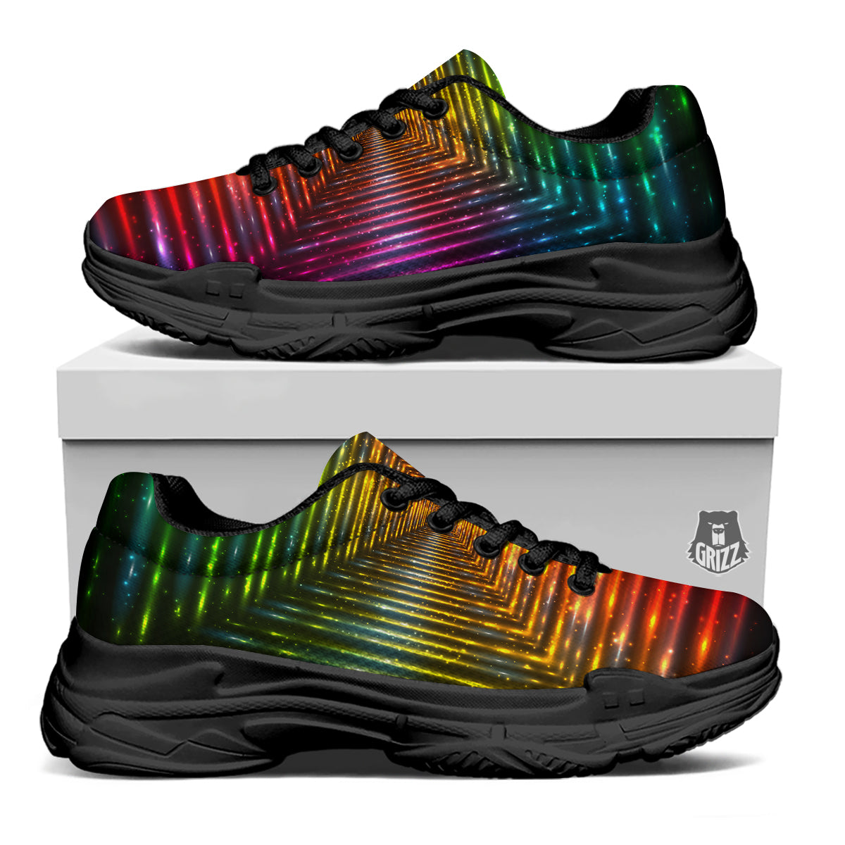 Shining Lights Rainbow Colors Neon Print Black Chunky Shoes-grizzshop